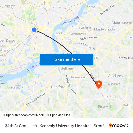 34th St Station to Kennedy University Hospital - Stratford map