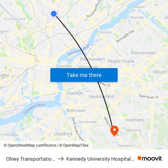 Olney Transportation Center to Kennedy University Hospital - Stratford map