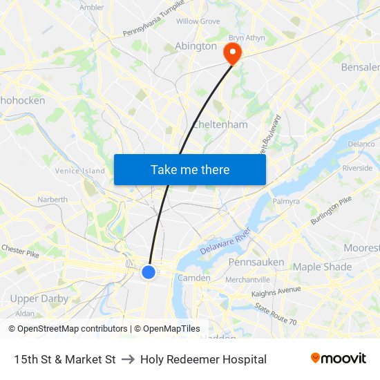 15th St & Market St to Holy Redeemer Hospital map