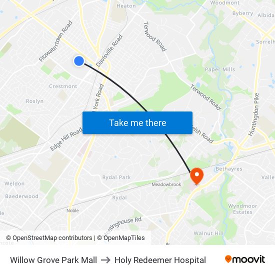 Willow Grove Park Mall to Holy Redeemer Hospital map