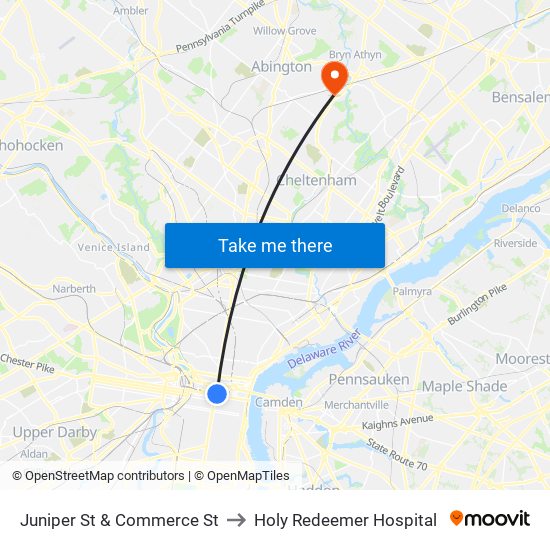 Juniper St & Commerce St to Holy Redeemer Hospital map