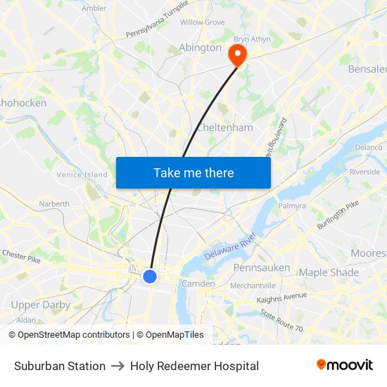 Suburban Station to Holy Redeemer Hospital map