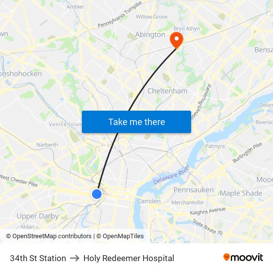 34th St Station to Holy Redeemer Hospital map