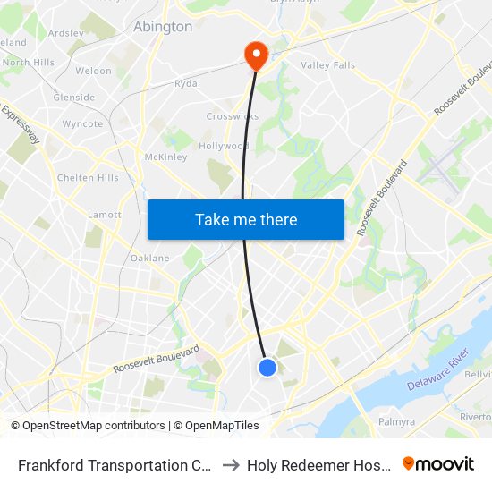 Frankford Transportation Center to Holy Redeemer Hospital map