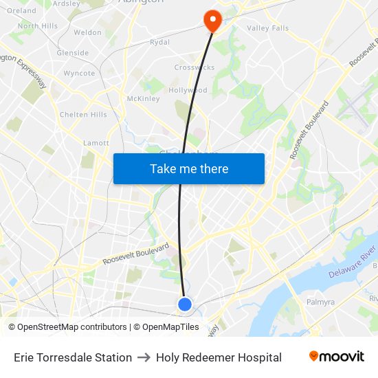 Erie Torresdale Station to Holy Redeemer Hospital map