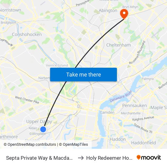 Septa Private Way & Macdade Blvd to Holy Redeemer Hospital map