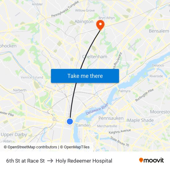 6th St at Race St to Holy Redeemer Hospital map