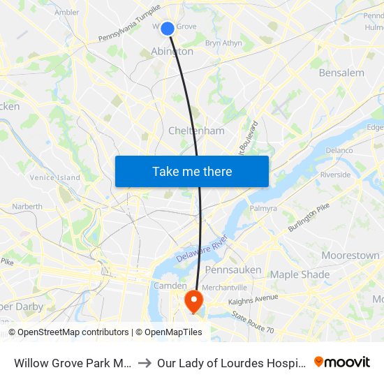 Willow Grove Park Mall to Our Lady of Lourdes Hospital map