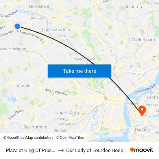 Plaza at King Of Prussia to Our Lady of Lourdes Hospital map