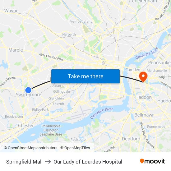 Springfield Mall to Our Lady of Lourdes Hospital map