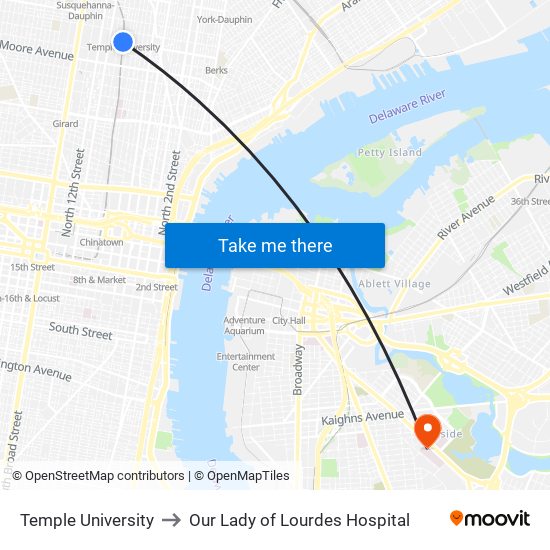 Temple University to Our Lady of Lourdes Hospital map