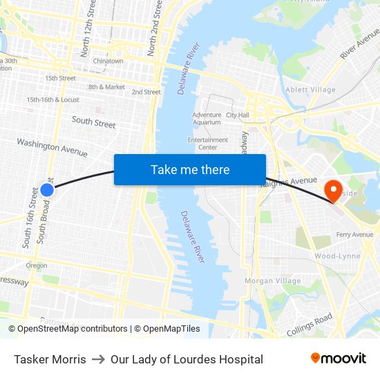 Tasker Morris to Our Lady of Lourdes Hospital map