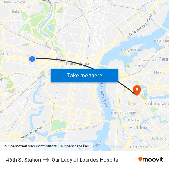 46th St Station to Our Lady of Lourdes Hospital map