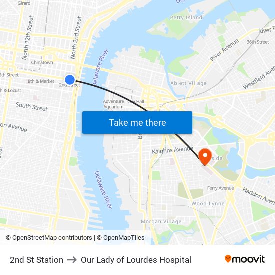 2nd St Station to Our Lady of Lourdes Hospital map