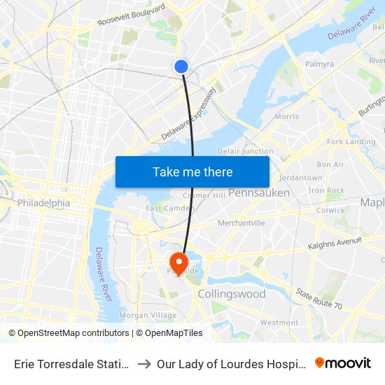 Erie Torresdale Station to Our Lady of Lourdes Hospital map
