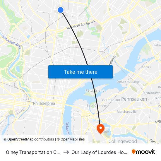 Olney Transportation Center to Our Lady of Lourdes Hospital map
