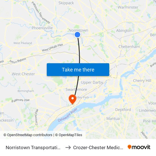 Norristown Transportation Center to Crozer-Chester Medical Center map