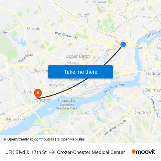 JFK Blvd & 17th St to Crozer-Chester Medical Center map