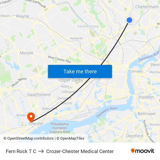 Fern Rock T C to Crozer-Chester Medical Center map