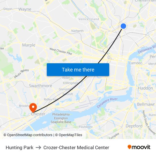 Hunting Park to Crozer-Chester Medical Center map