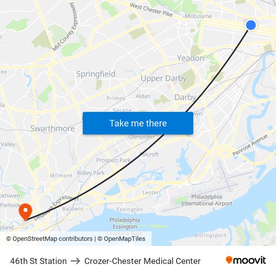 46th St Station to Crozer-Chester Medical Center map