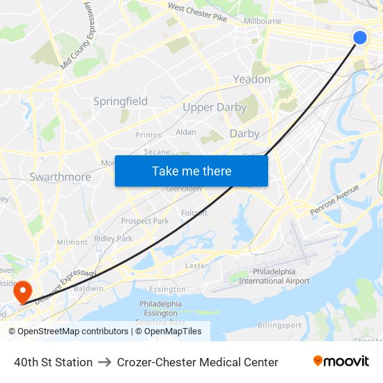 40th St Station to Crozer-Chester Medical Center map