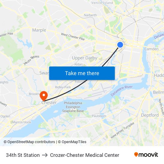 34th St Station to Crozer-Chester Medical Center map