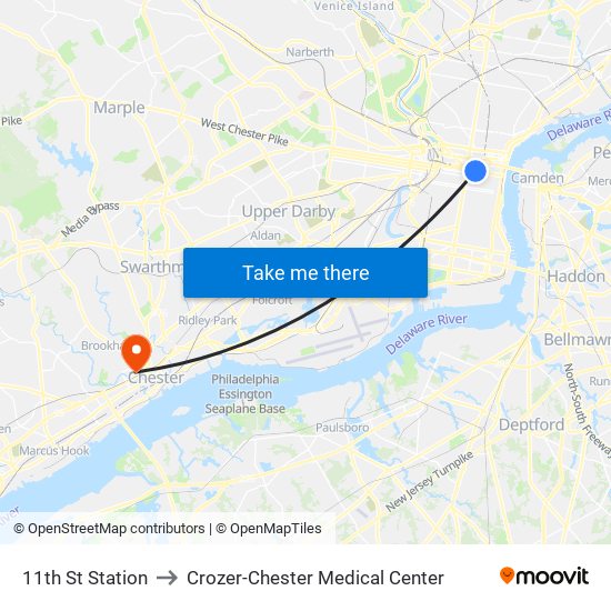 11th St Station to Crozer-Chester Medical Center map