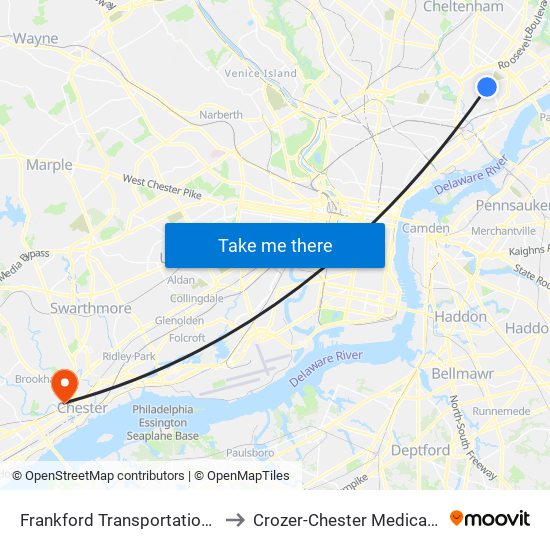 Frankford Transportation Center to Crozer-Chester Medical Center map