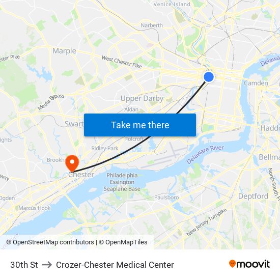 30th St to Crozer-Chester Medical Center map