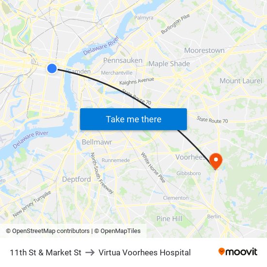 11th St & Market St to Virtua Voorhees Hospital map