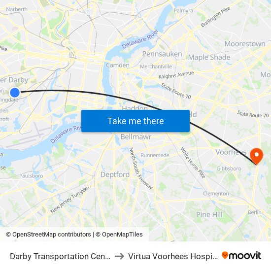 Darby Transportation Center to Virtua Voorhees Hospital map