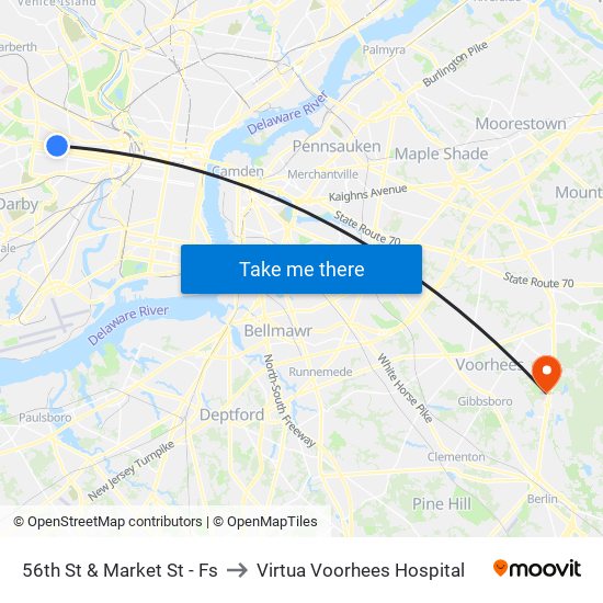 56th St & Market St - Fs to Virtua Voorhees Hospital map