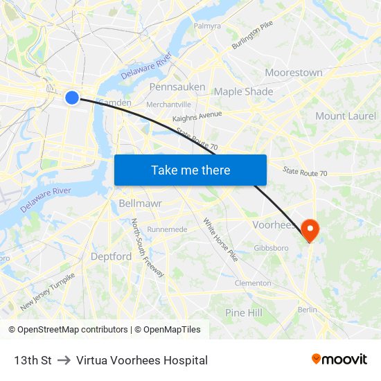 13th St to Virtua Voorhees Hospital map