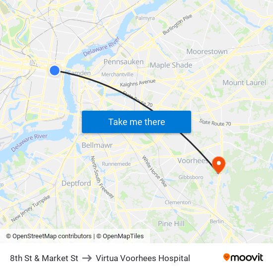 8th St & Market St to Virtua Voorhees Hospital map