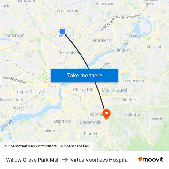 Willow Grove Park Mall to Virtua Voorhees Hospital map