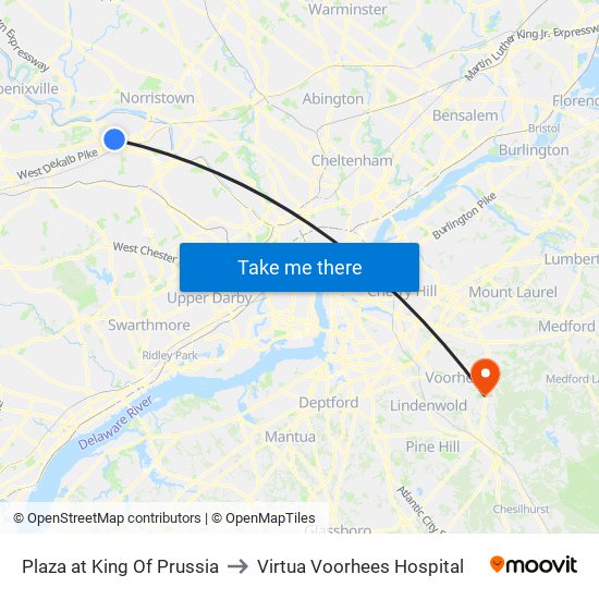 Plaza at King Of Prussia to Virtua Voorhees Hospital map