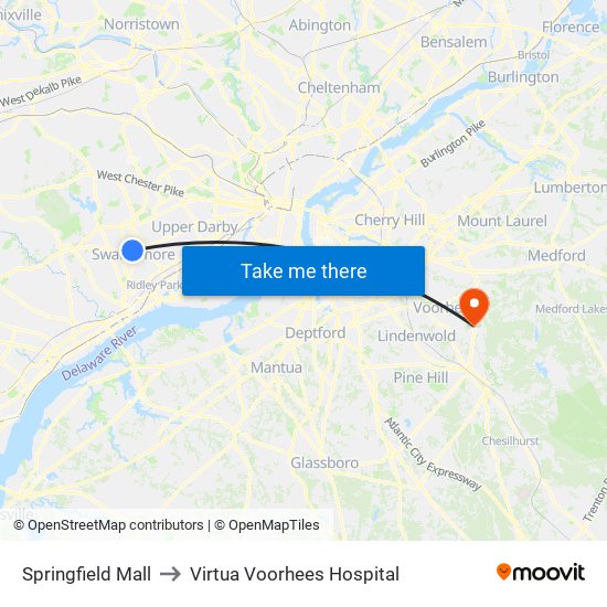 Springfield Mall to Virtua Voorhees Hospital map