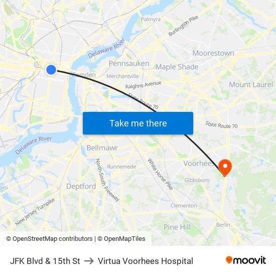 JFK Blvd & 15th St to Virtua Voorhees Hospital map