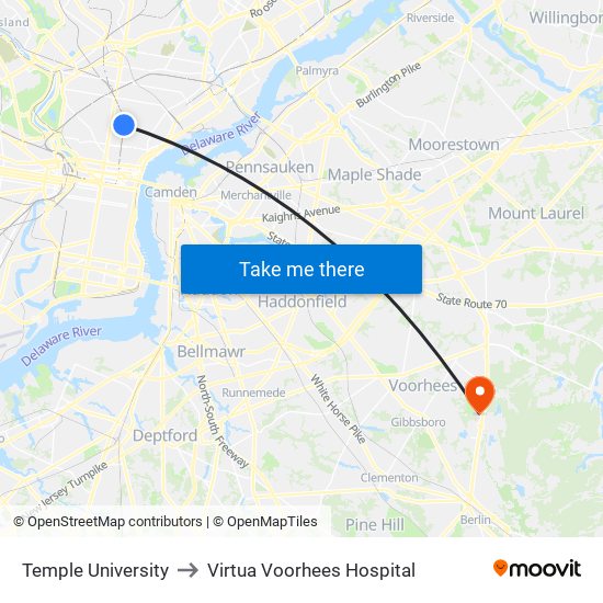 Temple University to Virtua Voorhees Hospital map