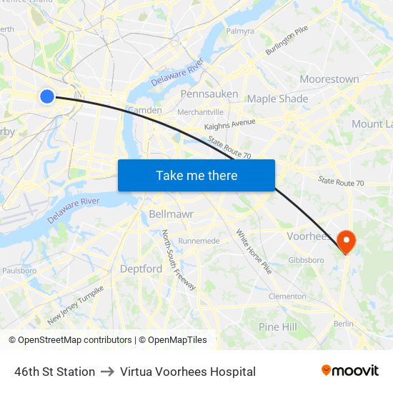 46th St Station to Virtua Voorhees Hospital map