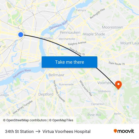 34th St Station to Virtua Voorhees Hospital map