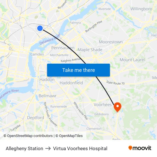 Allegheny Station to Virtua Voorhees Hospital map