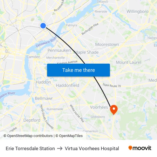 Erie Torresdale Station to Virtua Voorhees Hospital map