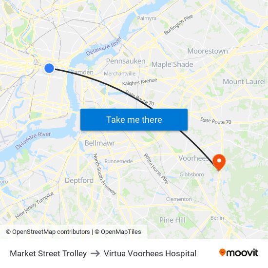 Market Street Trolley to Virtua Voorhees Hospital map