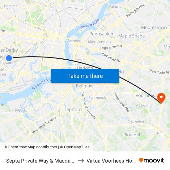 Septa Private Way & Macdade Blvd to Virtua Voorhees Hospital map