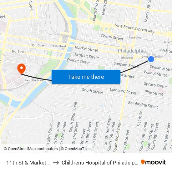 11th St & Market St to Children's Hospital of Philadelphia map