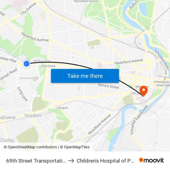 69th Street Transportation Center to Children's Hospital of Philadelphia map