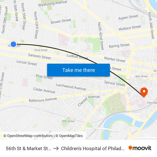 56th St & Market St - Fs to Children's Hospital of Philadelphia map