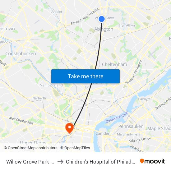 Willow Grove Park Mall to Children's Hospital of Philadelphia map